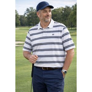 Chaps Polo Shirt Men’s 3XB White Blue Stripe Cotton Business Casual